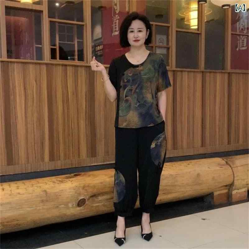 レディース ファッション おしゃれ 春夏 秋　冬 大人 上品 高級 マダム ミス ミセス プレゼント 夏服　冷感　ツーピース　スーツ　女性　　母　服　半袖　ゆったり　大きいサイズ　民族風　スーツ　女性