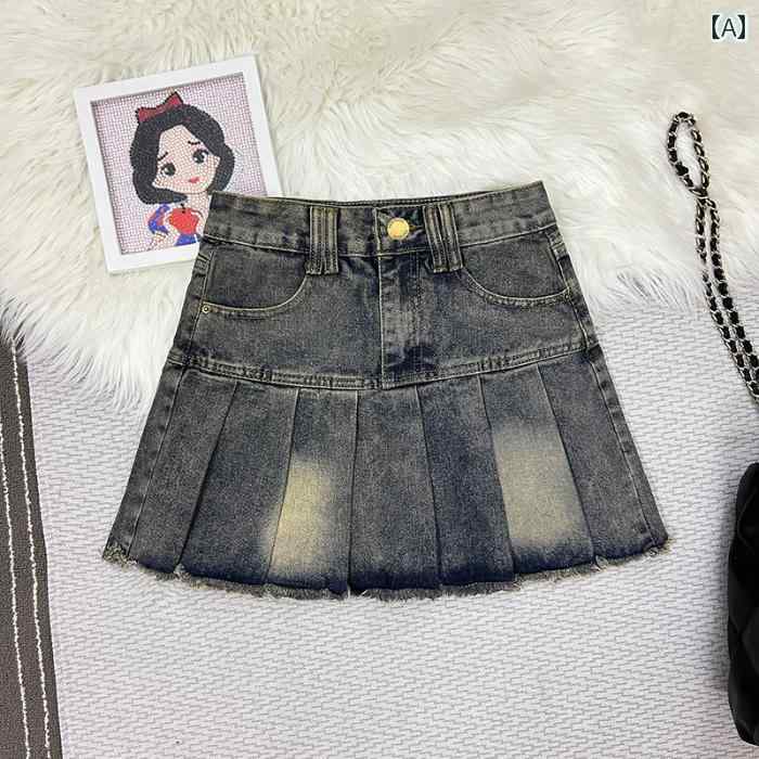 レディース ファッション おしゃれ 春夏 秋　冬 大人 上品 高級 マダム ミス ミセス プレゼント 切りっぱなしデニムプリーツスカート　レディース　夏　レトロ　ダメージ　加工　ハイウエスト　スリム　aライン　露出　防止　ショート　スカート(4)