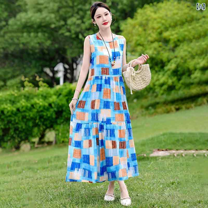 レディース ファッション おしゃれ 春夏 秋 冬 大人 上品 高級 マダム ミス ミセス プレゼント 夏 ママ コットン フローラル ドレス レディース ノースリーブ 快適 スリム ボヘミアン 人工 コットン ビーチ ドレス