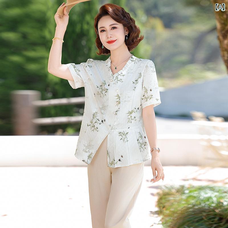 レディース ファッション おしゃれ 春夏 秋　冬 大人 上品 高級 マダム ミス ミセス プレゼント 洋　母　夏　スーツ　　新型　　半袖　トップス　女性　ファッション　シフォン　服