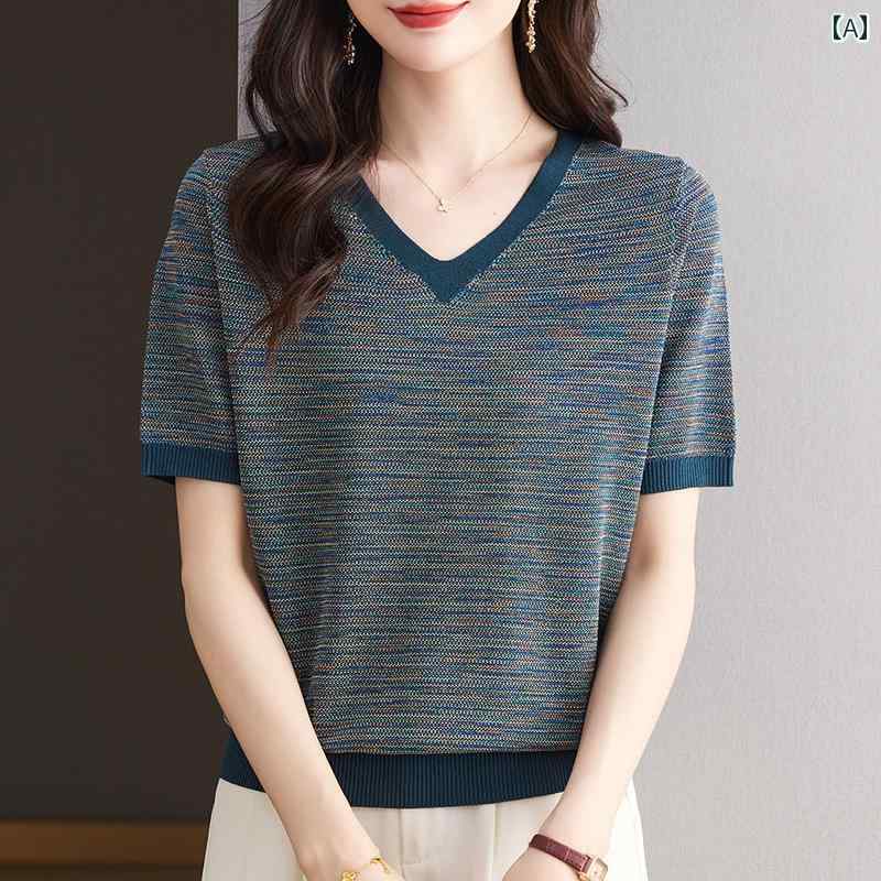 V-Neck - レディース ファッション おしゃれ 春夏 秋　冬 大人 上品 高級 マダム ミス ミセス プレゼント 夏　半袖　ニット　セーター　レディース　特大　サイズ　ママ　スタイル　ゆったり　Vネック　T　シャツ　トップス