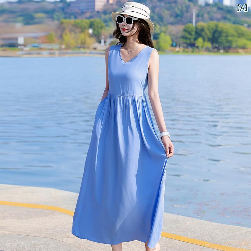 レディース ファッション おしゃれ 春夏 秋　冬 大人 上品 高級 マダム ミス ミセス プレゼント フランスコットンドレス　女性　夏　ノースリーブベスト　ドレス　高級　無地海辺　休日ビーチ　ドレス
