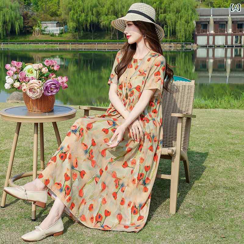 レディース ファッション おしゃれ 春夏 秋　冬 大人 上品 高級 マダム ミス ミセス プレゼント 若々しい夏　女性　高級　コットンドレス　ゆったり　人工　コットンホリデー　フローラル　ドレス