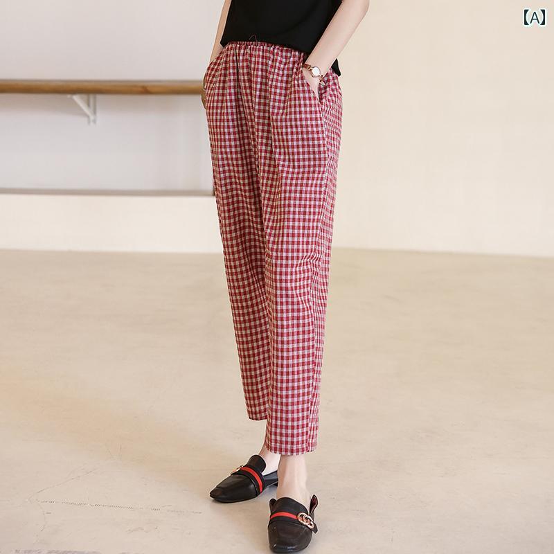 Linen, Hemp - レディース ファッション おしゃれ 春夏 秋　冬 大人 上品 高級 マダム ミス ミセス プレゼント 夏　チェック柄　コットンリネン　九分丈　パンツ　女性用　スリム　パンツ　ママ　薄手　パンツ
