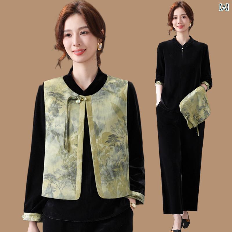 レディース ファッション おしゃれ 春夏 秋　冬 大人 上品 高級 マダム ミス ミセス プレゼント 母　春　スーツ　　　金　スリーピーススーツ　高齢女性　春　秋　ベストジャケット