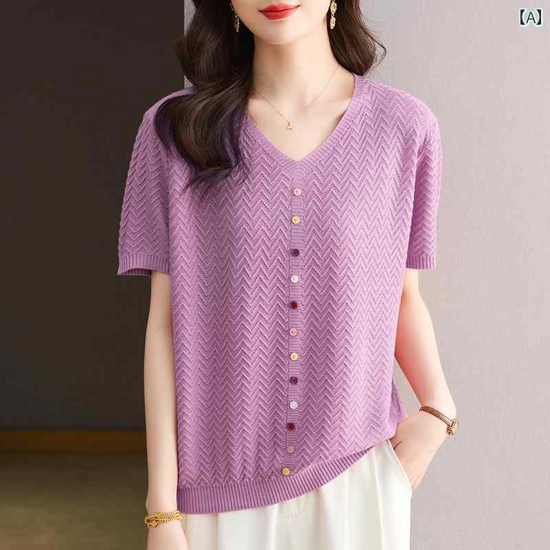 V-Neck - レディース ファッション おしゃれ 春夏 秋　冬 大人 上品 高級 マダム ミス ミセス プレゼント カジュアル　ママ　ウェア　Vネック　半袖　ニット　セーター　レディース　夏　スタイル　S　サイズ　ゆったり　特大　サイズ　ファッション　T　シャツ