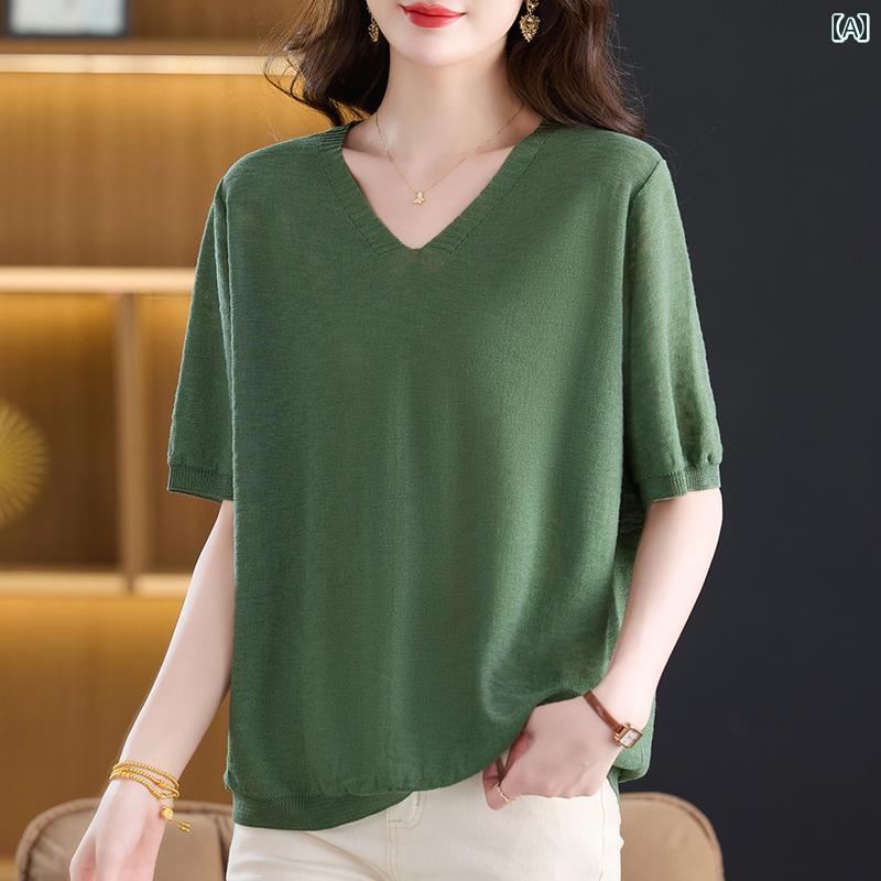 V-Neck - レディース ファッション おしゃれ 春夏 秋　冬 大人 上品 高級 マダム ミス ミセス プレゼント 夏　カジュアル　レディース　半袖　ニット　セーター　特大　サイズ　　スタイリッシュ　Vネックトップス　ゆったり　スリム　T　シャツ
