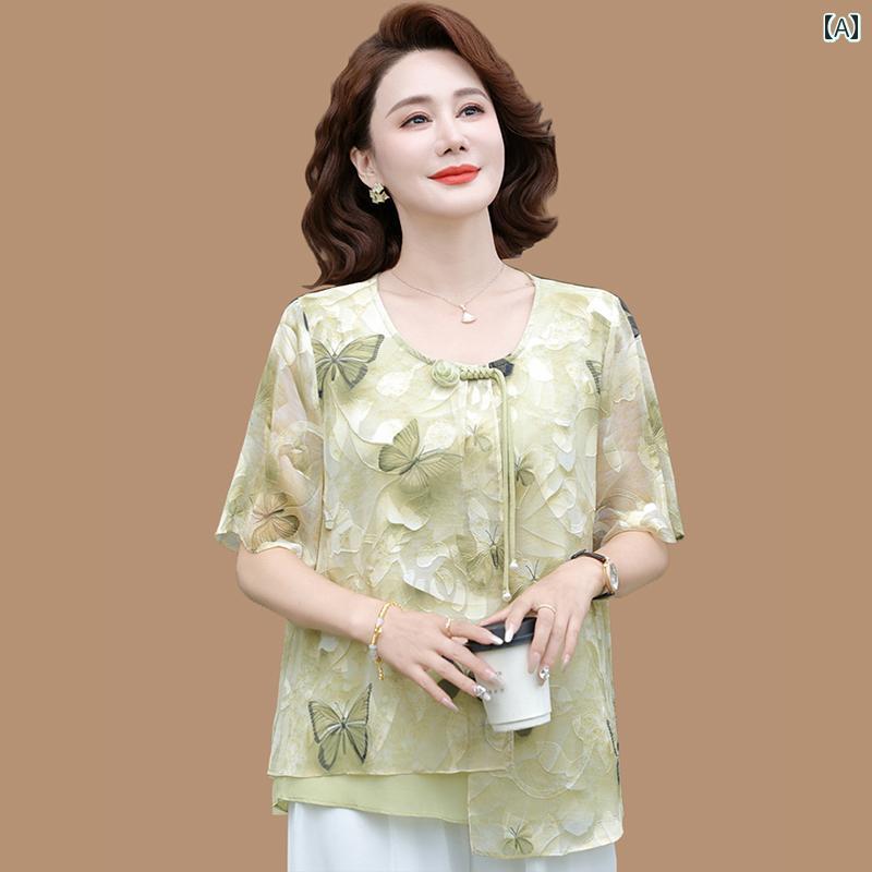樂天商城 - レディース ファッション おしゃれ 春夏 秋　冬 大人 上品 高級 マダム ミス ミセス プレゼント 西洋　母　夏　シフォンシャツ　半袖　T　シャツ　女性　民族風　トップス　　小さい　シャツ
