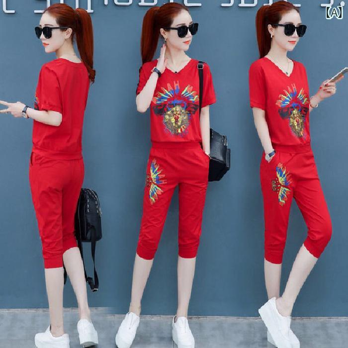 レディース ファッション おしゃれ 春夏 秋 冬 大人 上品 高級 マダム ミス ミセス プレゼント 夏 ファッション スポーツ スーツ 女性用 ゆったり 大きめ サイズ クロップドパンツ 半袖 トップス カジュアル ツーピース スーツ 女性用