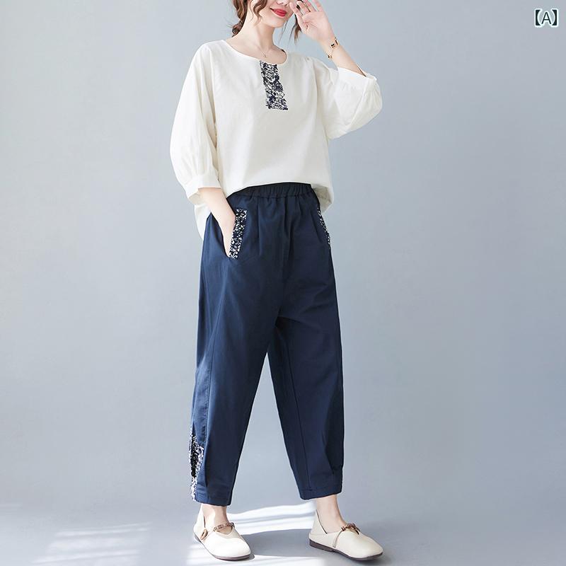 レディース ファッション おしゃれ 春夏 秋　冬 大人 上品 高級 マダム ミス ミセス プレゼント ママ　　コットンリネン　スーツ　レディース　夏　大きいサイズ　お腹　カバー　カジュアル　プリント　トップス＆　パンツ　ツーピース　スーツ