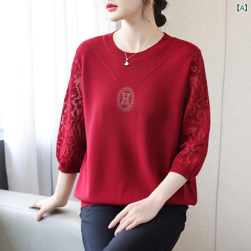 乐天商城 - レディース ファッション おしゃれ 春夏 秋　冬 大人 上品 高級 マダム ミス ミセス プレゼント ママ　春　レース袖ブラウス　女性　春　秋　ニット　T　シャツ　トップス　服　薄手