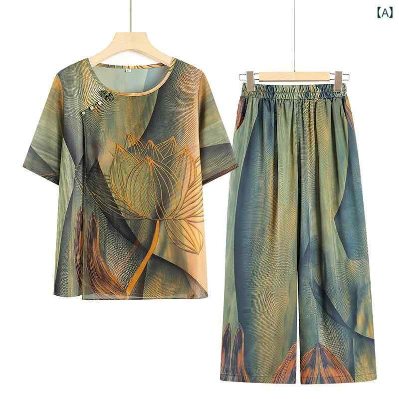 レディース ファッション おしゃれ 春夏 秋　冬 大人 上品 高級 マダム ミス ミセス プレゼント 高齢者用　夏服　半袖　T　シャツ　スーツ　老婦　人用　トップス　ツーピース　スーツ　薄手　老婦　人用　夏服