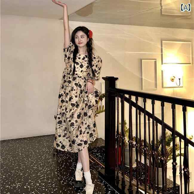 レディース ファッション おしゃれ 春夏 秋　冬 大人 上品 高級 マダム ミス ミセス プレゼント フランスレトロ　花柄のファッション　パフスリーブドレス　レディース　夏　ハイウエスト　スリム　ミディアム　丈　スカート(4)