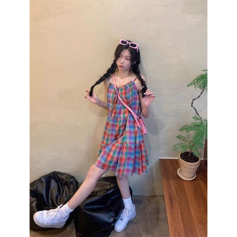 レディース ファッション おしゃれ 春夏 秋　冬 大人 上品 高級 マダム ミス ミセス プレゼント 　スタイル　韓国　レインボー　チェック柄　サスペンダー　スカート　女性　夏　ゆったり　女の子　ドレス