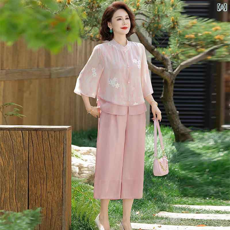 レディース ファッション おしゃれ 春夏 秋　冬 大人 上品 高級 マダム ミス ミセス プレゼント 若々しい夏　スーツ　　ガーゼ　スリーブ　トップ　女性　春　薄手　ツーピース　スーツ