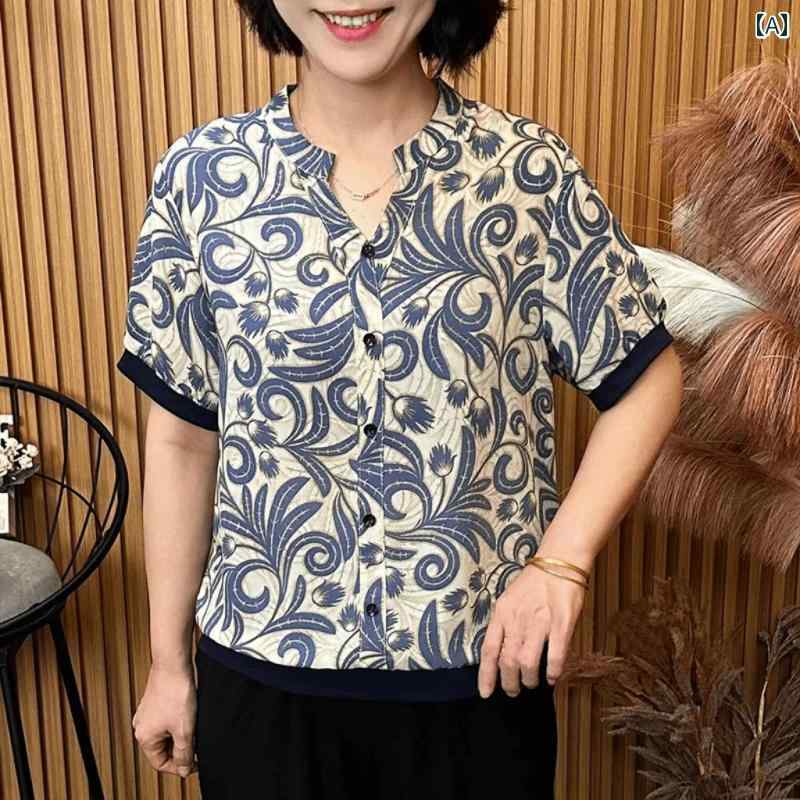 乐天商城 - レディース ファッション おしゃれ 春夏 秋　冬 大人 上品 高級 マダム ミス ミセス プレゼント 夏　薄手小　Vネック　半袖　　ファッション　ゆったり　プリント　シフォン　T　シャツ