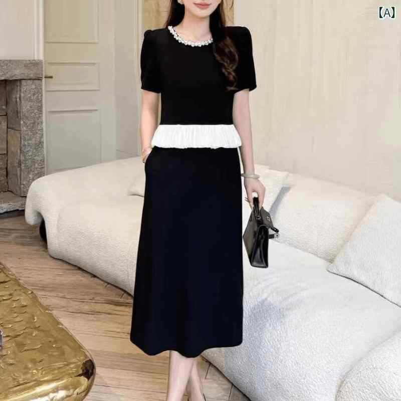 レディース ファッション おしゃれ 春夏 秋　冬 大人 上品 高級 マダム ミス ミセス プレゼント フリル　ステッチ　フェイク　ツーピース　ドレス　　ミドル丈　スカート　夏　スリム　リトル　ブラック　ドレス