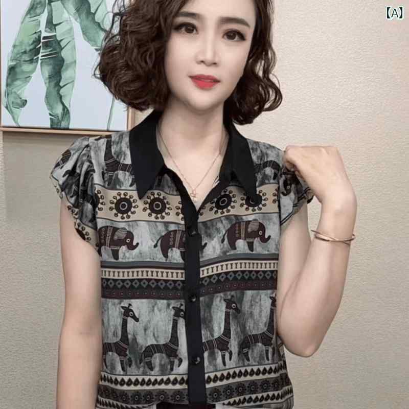 レディース ファッション おしゃれ 春夏 秋　冬 大人 上品 高級 マダム ミス ミセス プレゼント ママ　ドレスプリント　半袖　シフォンシャツ　夏　エレガント　小さい　シャツ　トップス