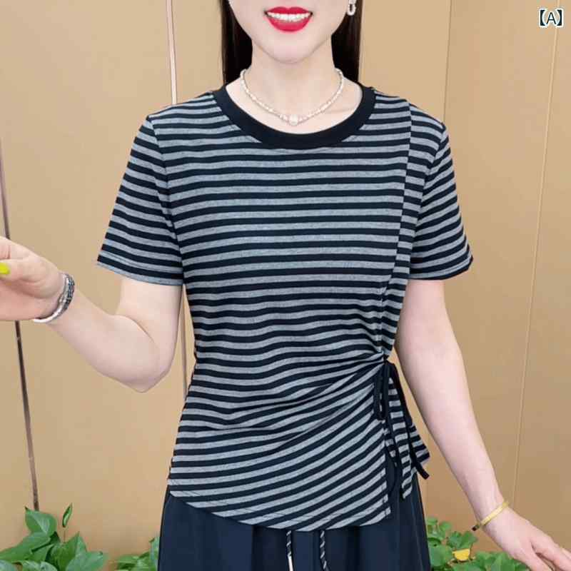 レディース ファッション おしゃれ 春夏 秋　冬 大人 上品 高級 マダム ミス ミセス プレゼント 夏　ファッション　スリット　ウエスト　タイ　スリム　ラウンドネック　半袖　　多目的　T　シャツ