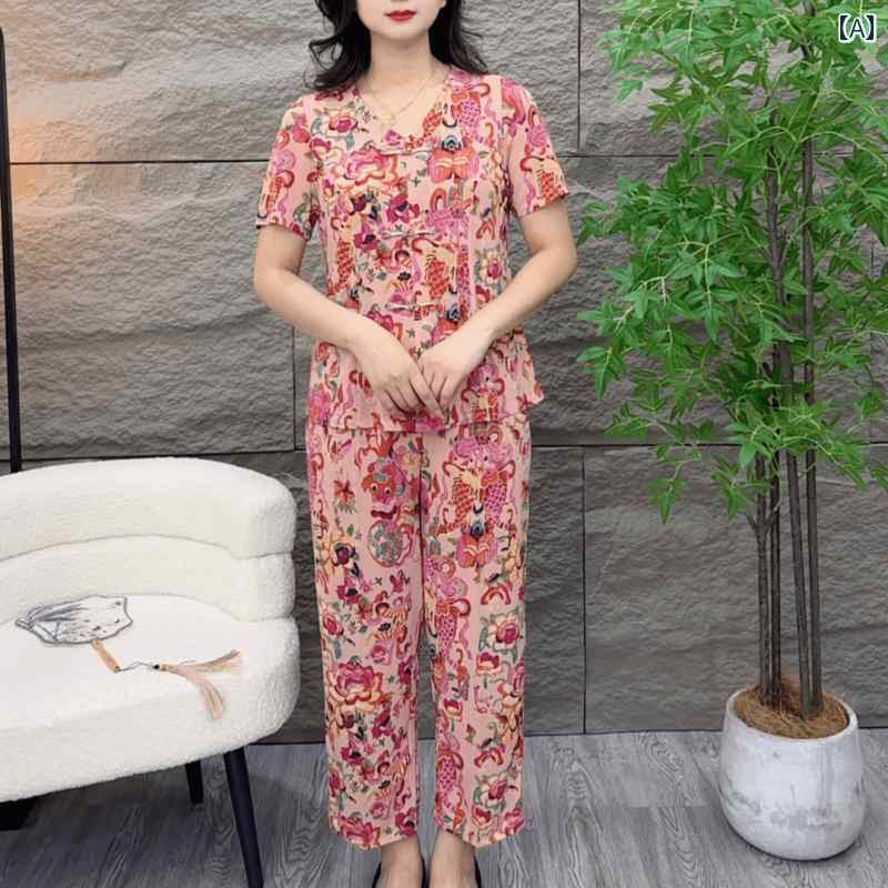 レディース ファッション おしゃれ 春夏 秋　冬 大人 上品 高級 マダム ミス ミセス プレゼント お母さん　夏服　大きいサイズ　ゆったり　半袖　綿　スーツ　女性　夏　民族風　花柄　ツーピース　スーツ