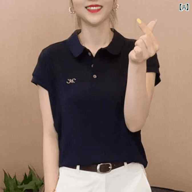 レディース ファッション おしゃれ 春夏 秋　冬 大人 上品 高級 マダム ミス ミセス プレゼント ポロ　カラー　半袖　T　シャツ　レディース　夏　シャツ　ゆったり　スリム　ドレス　ストレート　ショルダー　半袖　トップス