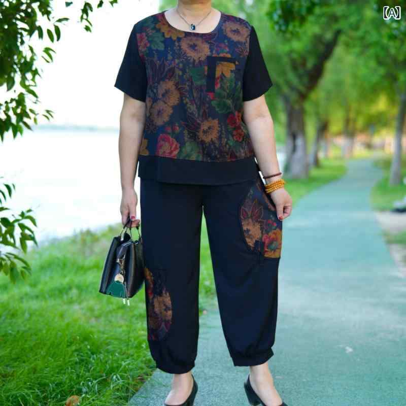 レディース ファッション おしゃれ 春夏 秋　冬 大人 上品 高級 マダム ミス ミセス プレゼント 貴婦人　富貴　婦人　女性お母さん夏　スーツ　ツーピース　セット　ゆったり　大きいサイズ　半袖　トップス　母　日