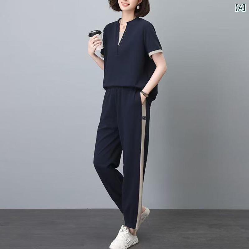 乐天商城 - レディース ファッション おしゃれ 春夏 秋　冬 大人 上品 高級 マダム ミス ミセス プレゼント 女性　夏服　　スポーツ　スーツ　トップス　大きいサイズ　ゆったり　カジュアル　半袖　フル　セット