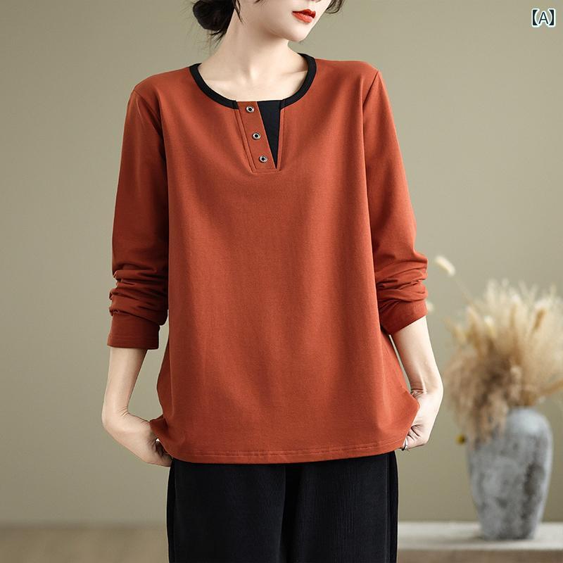 レディース ファッション おしゃれ 春夏 秋　冬 大人 上品 高級 マダム ミス ミセス プレゼント 婦人服　母　春　長袖　T　シャツ　女性　　春　レイヤリング　シャツ　大きいサイズ　丸首　トップス(4)