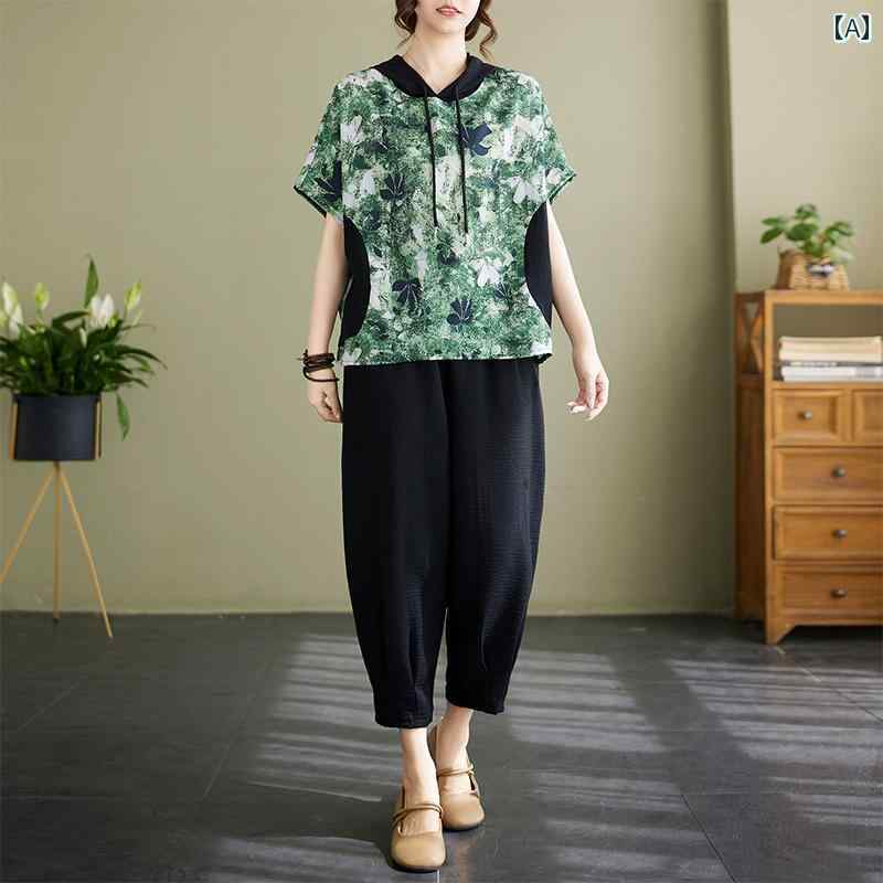 レディース ファッション おしゃれ 春夏 秋　冬 大人 上品 高級 マダム ミス ミセス プレゼント ママ　　コットンリネン　スーツ　レディース　夏　大きいサイズ　ゆったり　お腹カバー　プリント　トップス＆　パンツ　ツーピース　スーツ