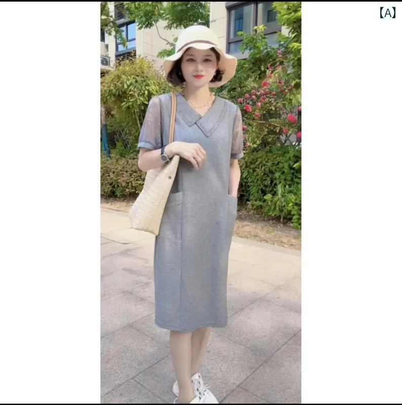 樂天商城 - レディース ファッション おしゃれ 春夏 秋　冬 大人 上品 高級 マダム ミス ミセス プレゼント 大きいサイズ　ワンピース　レディースファッション　メッシュ　スプライシング　半袖　スカート　　夏　ゆったり　お腹　カバー　ストレート　スカート