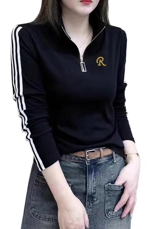 レディース ファッション おしゃれ 春夏 秋冬 大人 上品 高級 マダム ミス ミセス プレゼント 入り ジッパー 半 開 襟 長袖 T シャツ スタンドカラー 早春夏 綿 スリムトップス 文字