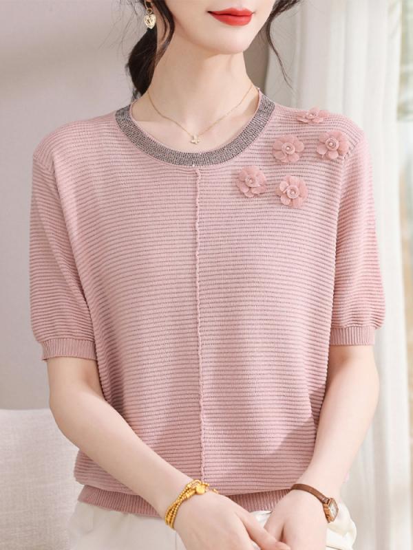 レディース ファッション おしゃれ 春夏 秋冬 大人 上品 高級 マダム ミス ミセス プレゼント ママ 夏 トップス ファッション ニット ラウンドネック ブラウス 高齢女性 冷感 半袖 T シャツ ツーピース セット パンツ