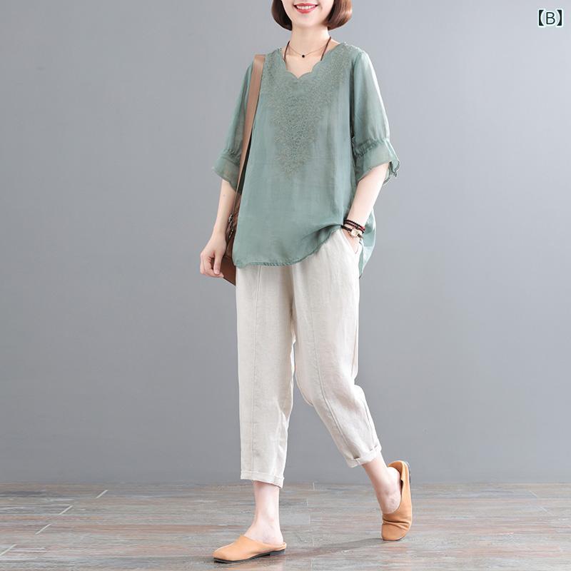 レディース ファッション おしゃれ 春夏 秋冬 大人 上品 高級 マダム ミス ミセス プレゼント お母さん 夏 綿麻 パンツ セット 半袖 トップス レディース 夏 シンプル