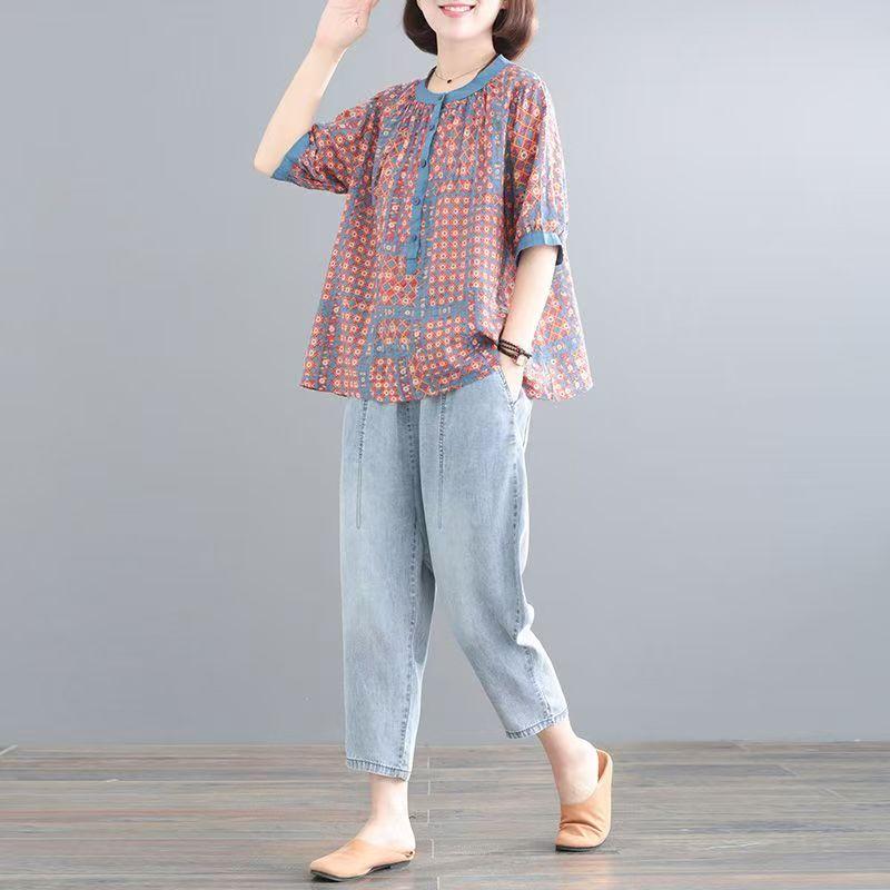 レディース ファッション おしゃれ 春夏 秋冬 大人 上品 高級 マダム ミス ミセス プレゼント ママ 夏服 女性 綿麻 プリント トップス 大きいサイズ 薄手 テンセル ジーンズ デニム パンツ セット