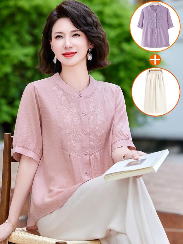 Rakuten - レディース ファッション おしゃれ 春夏 秋冬 大人 上品 高級 マダム ミス ミセス プレゼント 母 日 ママ サマー スーツスタイル コットン＆ リネン 半袖 女性用 夏 シンプル パンツ セット