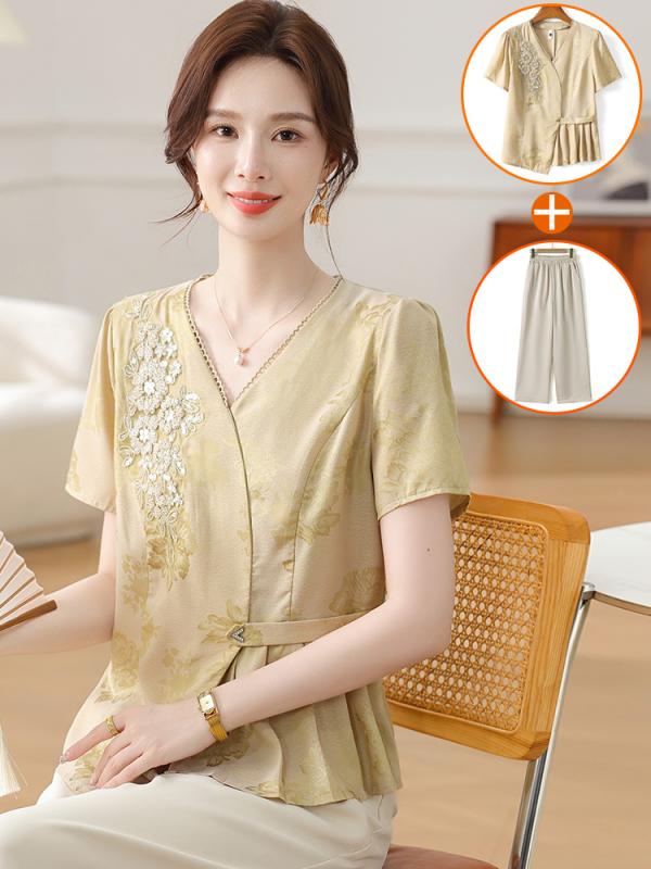 レディース ファッション おしゃれ 春夏 秋 冬 大人 上品 高級 マダム ミス ミセス プレゼント 若々しい夏 ドレススタイリッシュ 半袖 シャツ トップ 婦人服 民族風 スーツ