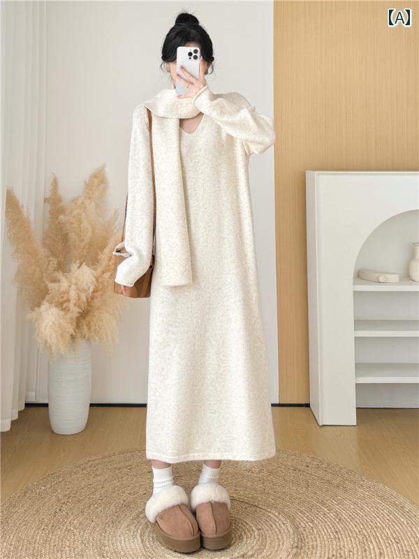 レディース ファッション 春夏 秋冬 オシャレ かわいい 韓国 女性 レトロオフホワイトニットドレス 紫色 セーター スカートスカート