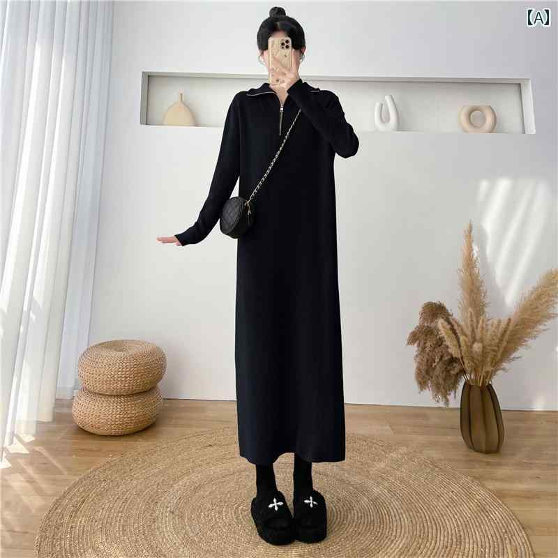 Rakuten - レディース ファッション 春夏 秋冬 オシャレ かわいい 韓国 女性 ジッパーハイネックニットドレスミドル 膝上 インナーレイヤード セーター ドレスロングスカート