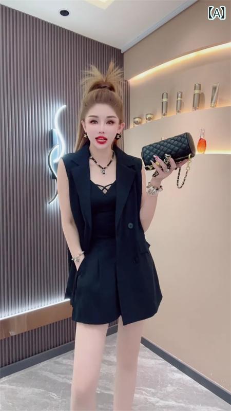 レディース ファッション 春夏 秋冬 オシャレ かわいい 韓国 女性用 夏 ウエスタンバックボウスーツベストショーツツーピーススーツ