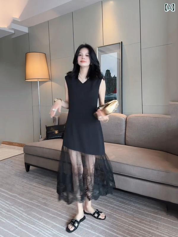 乐天商城 - レディース ファッション 春夏 秋冬 オシャレ かわいい 韓国 フレンチレースメッシュスプライシングノースリーブワンピース 韓国 スリムロングスカート