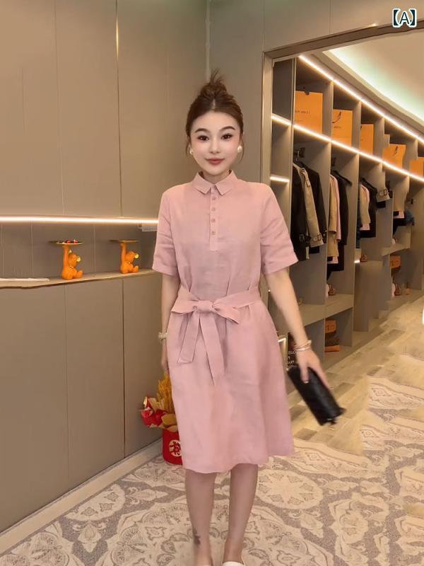 レディース ファッション 春夏 秋冬 オシャレ かわいい 韓国 夏 カジュアルスリムポロカラーネクタイ 無地半袖 リネンドレス