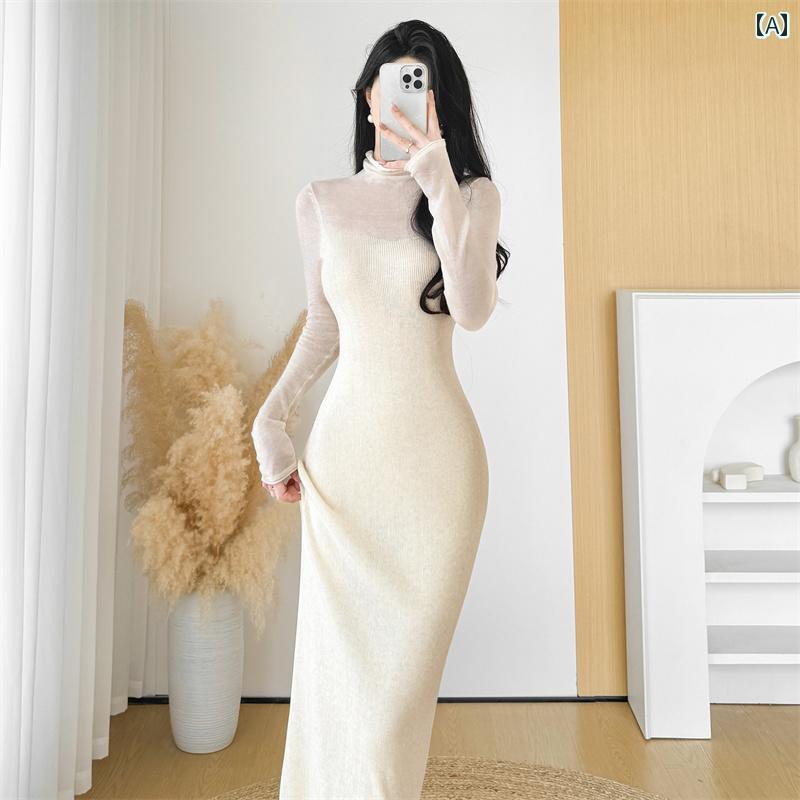 レディース ファッション 春夏 秋冬 オシャレ かわいい 韓国 コートロングスカートフランス ハーフハイネックシースリムウエスト 着 ニットカート