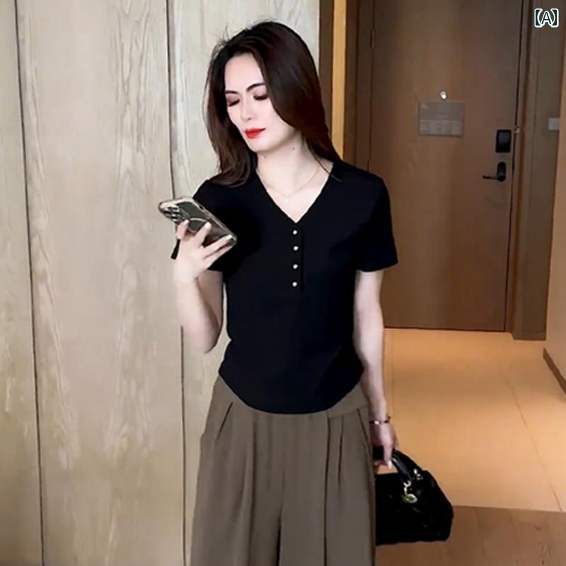 樂天商城 - レディース ファッション 春夏 秋冬 オシャレ かわいい 韓国 スタイリッシュ 夏Tトップスワイドレッグパンツカジュアルスリムツーピーススーツ