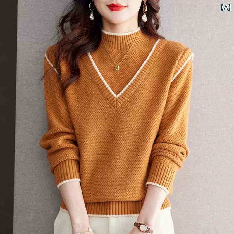 Rakuten - レディース ファッション 春夏 秋冬 オシャレ かわいい 韓国 フェイクツーピースニット セーター 冬厚手 ハーフハイネックスタイリッシュ インナーウール セーター レイヤリング