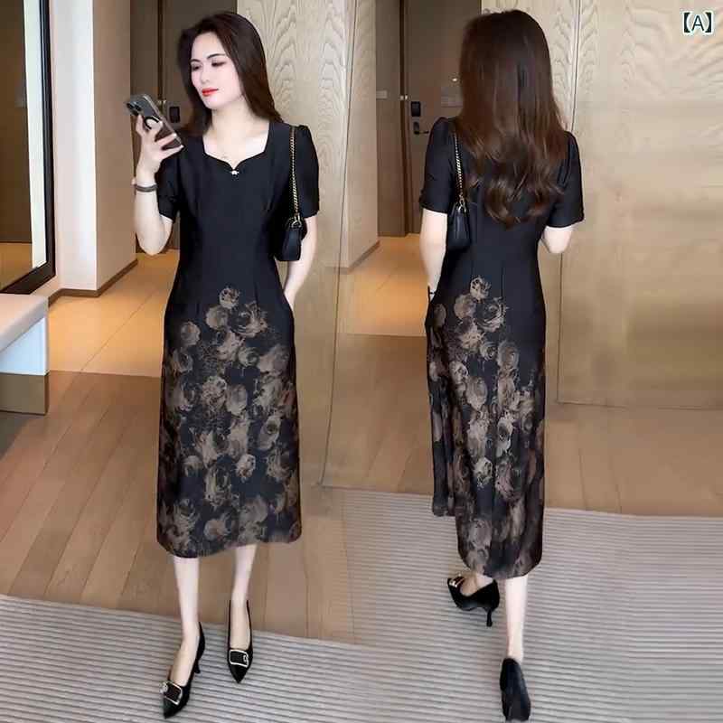 レディース ファッション 春夏 秋冬 オシャレ かわいい 韓国 プリントドレス 夏 スリムミディアムロング チャイナドレススカート