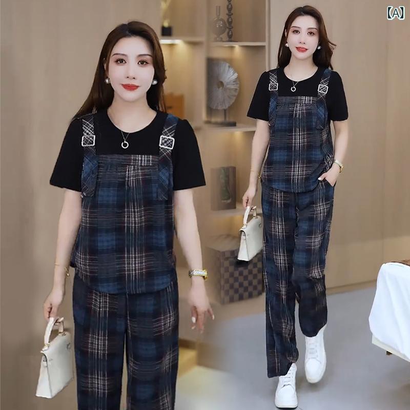 レディース ファッション 春夏 秋冬 オシャレ かわいい 韓国 チェック柄 夏用 スリムフェイクツーピース 半袖 トップスワイドレッグパンツ 冷 ツーピーススーツ