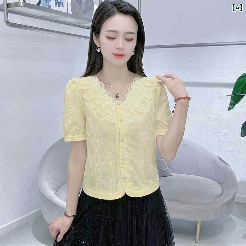 樂天商城 - レディース ファッション 春夏 秋冬 オシャレ かわいい 韓国 夏 スタイリッシュ スリムレース 半袖 トップ