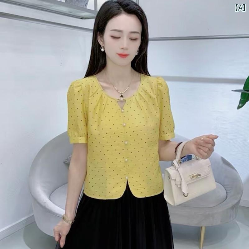 樂天商城 - レディース ファッション 春夏 秋冬 オシャレ かわいい 韓国 女性 夏 スリムプリント 半袖 ドットトップス
