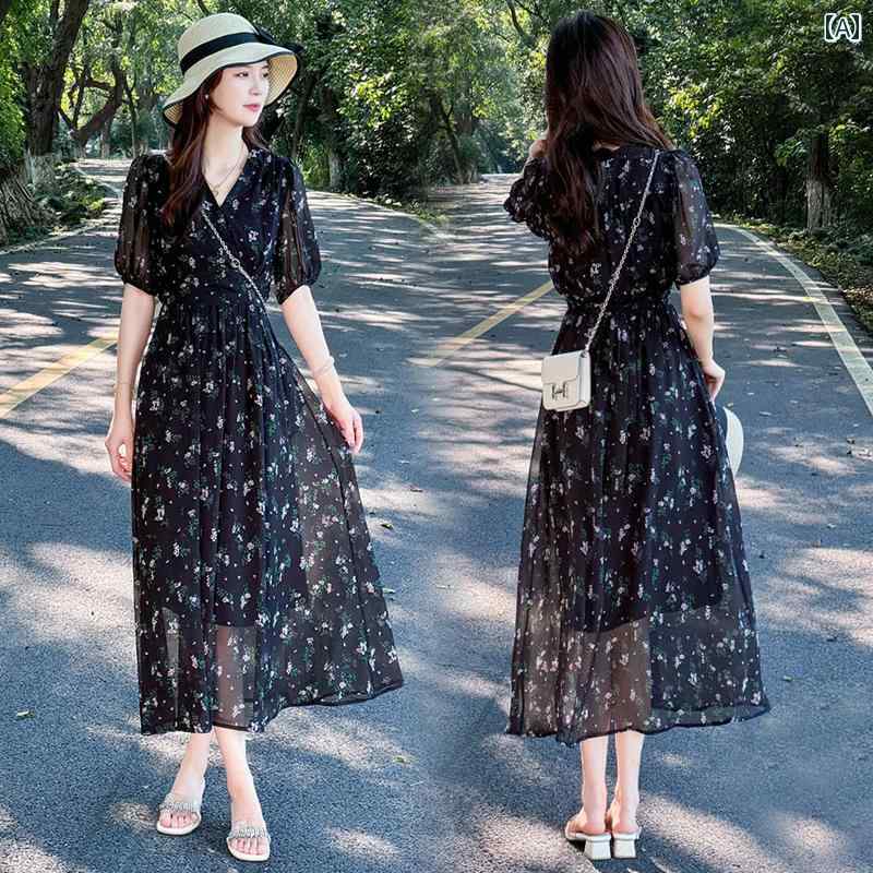 乐天商城 - レディース ファッション 春夏 秋冬 オシャレ かわいい 韓国 スタイリッシュ ドレス 夏高級 フレンチフローラルフェアリードレスシフォンロングスカート
