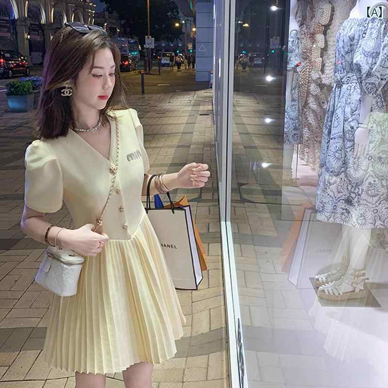 レディース ファッション 春夏 秋冬 オシャレ かわいい 韓国 高級 ワンピース 女性 夏 スプライシングプリーツスカート
